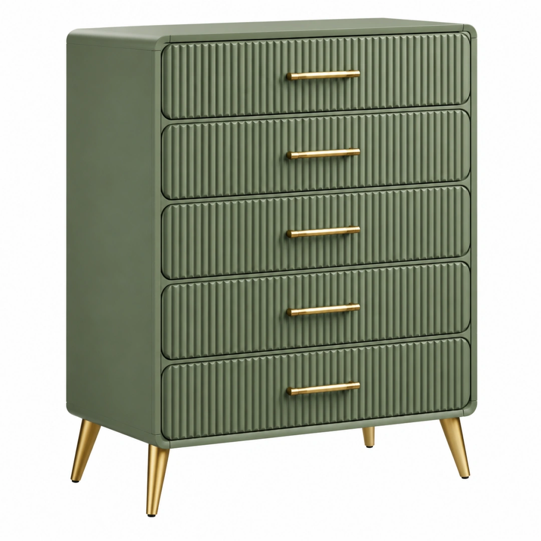 Cómoda de 5 cajones 80 x 40 x 110 cm verde de MDF con patas metálicas estilo moderno