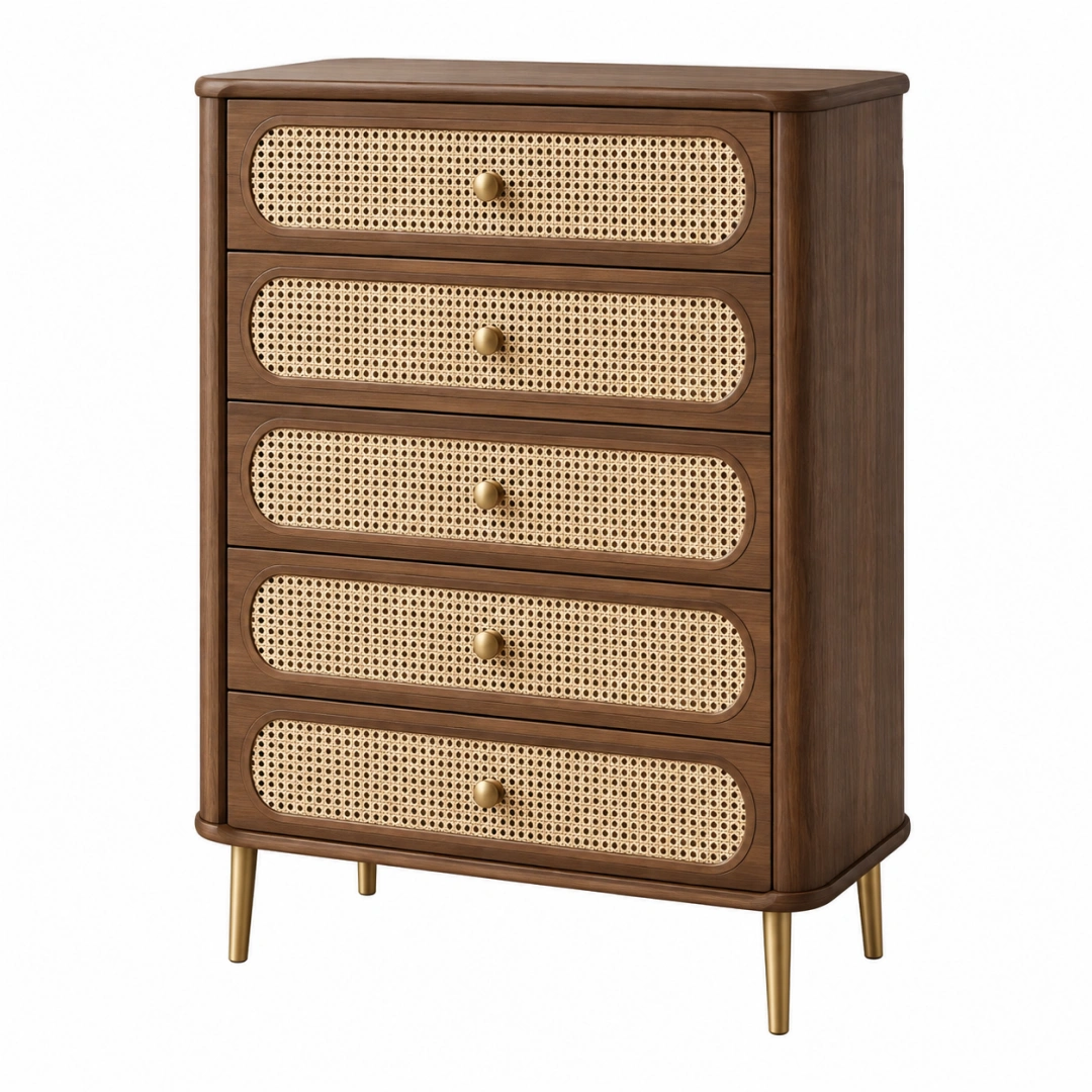 Cómoda 80 x 40 x 110 cm de madera nogal con rejilla de ratán y 5 cajones estilo retro