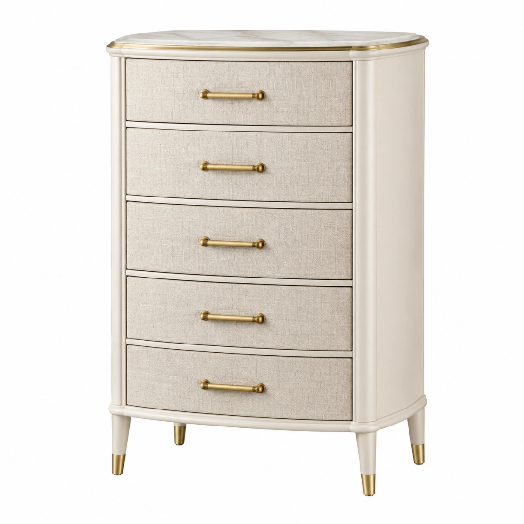 Cómoda 80 x 45 x 120 cm de madera blanco crema con tiradores dorados estilo clásico para dormitorio