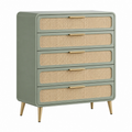 Cómoda 90 x 45 x 120 cm verde salvia con ratán 5 cajones estilo retro