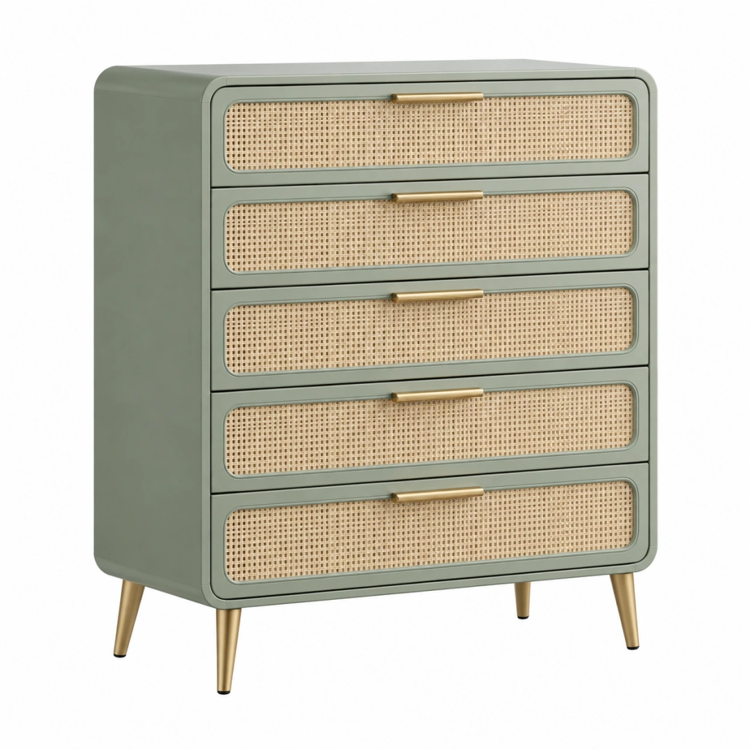 Cómoda 90 x 45 x 120 cm verde salvia con ratán 5 cajones estilo retro