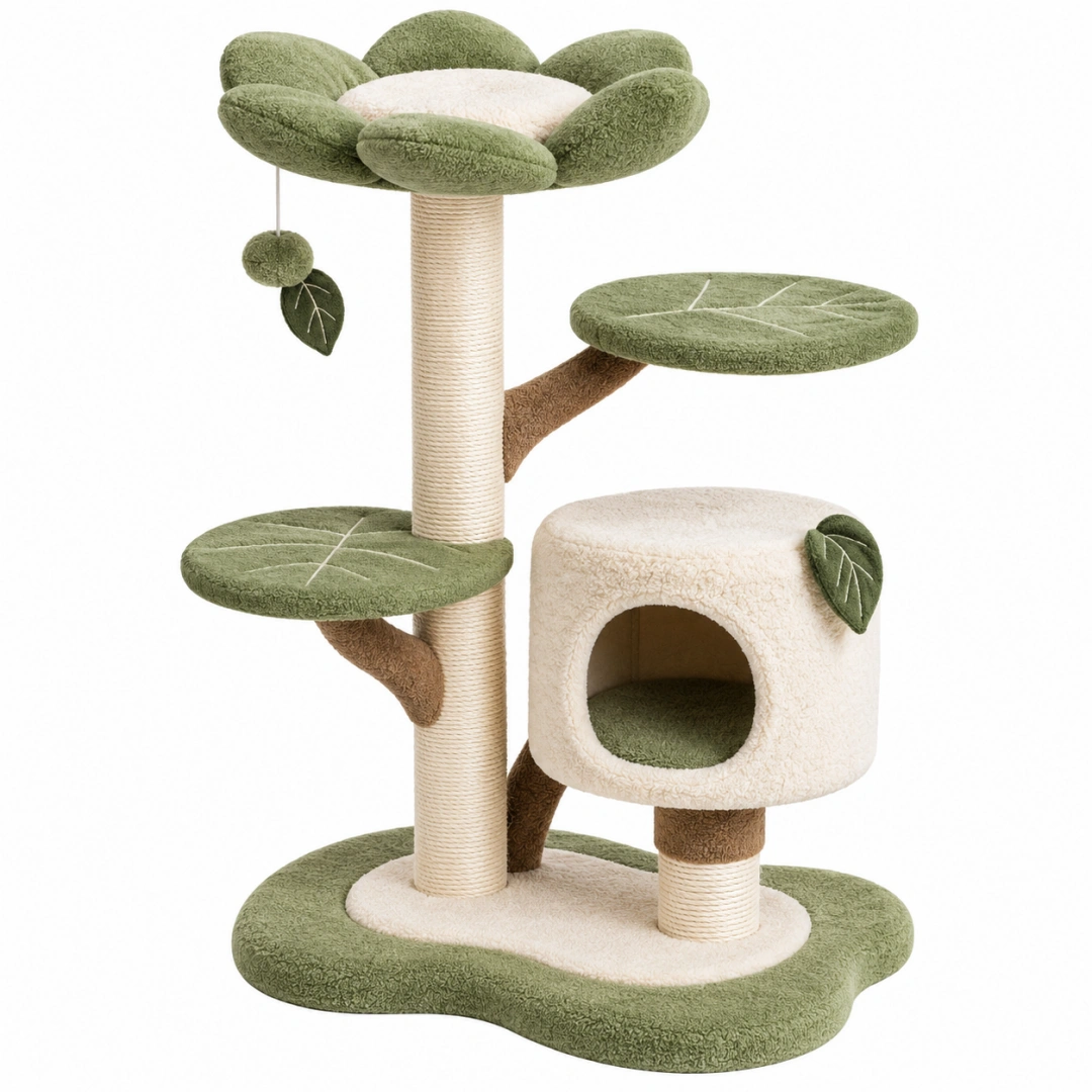 Árbol rascador para gatos 60 x 50 x 120 cm de sisal y felpa verde crema con cueva y plataformas