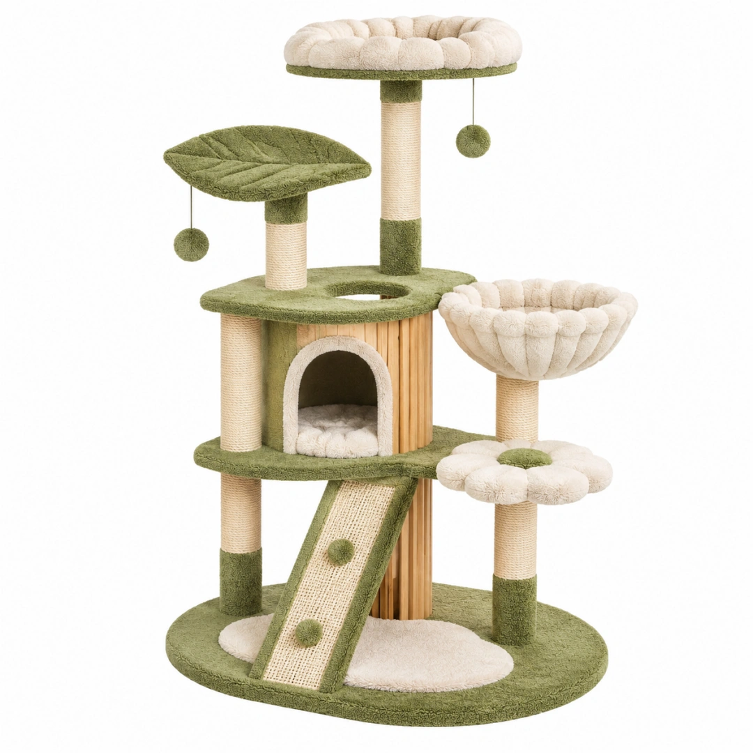 Árbol rascador para gatos 80 x 60 x 145 cm verde y crema con sisal y plataformas