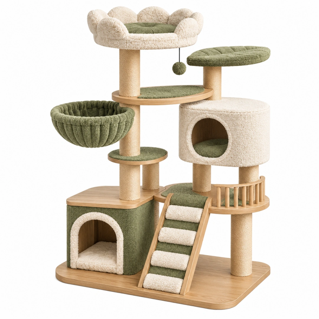 Árbol rascador para gatos 60 x 60 x 170 cm de madera sisal y felpa verde crema con refugios y plataformas