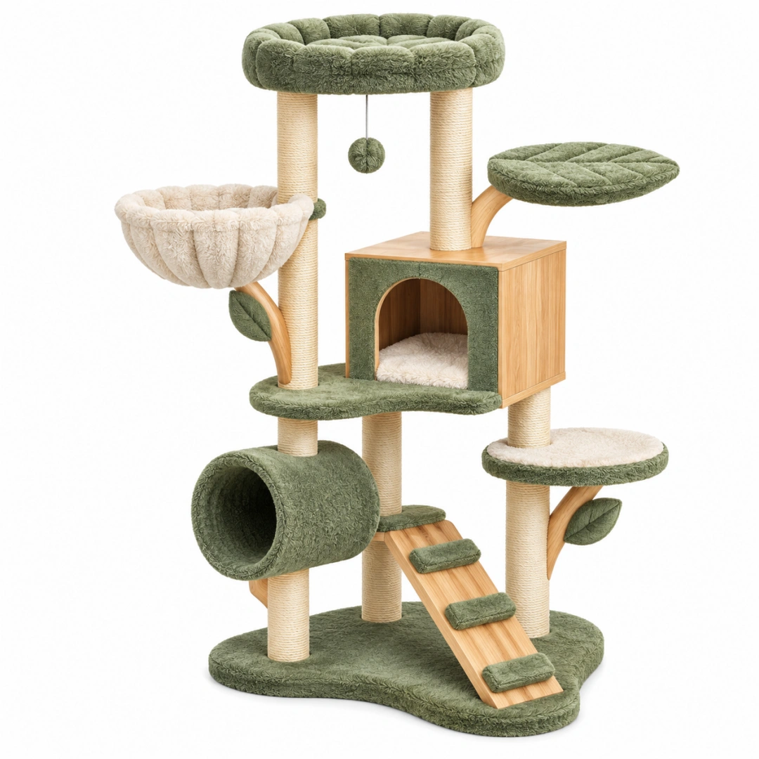 Árbol rascador para gatos 60 x 55 x 145 cm de madera y sisal verde con refugio y plataformas