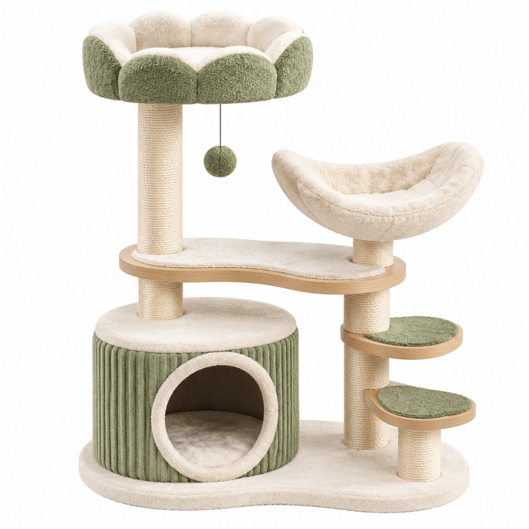 Árbol rascador para gatos 80 x 50 x 140 cm de sisal y felpa verde y crema con cueva y plataformas