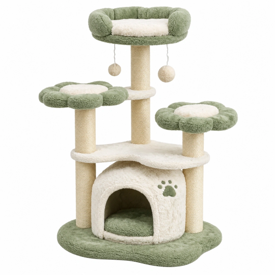 Árbol rascador para gatos 60 x 50 x 120 cm de felpa verde y crema con postes de sisal y plataformas
