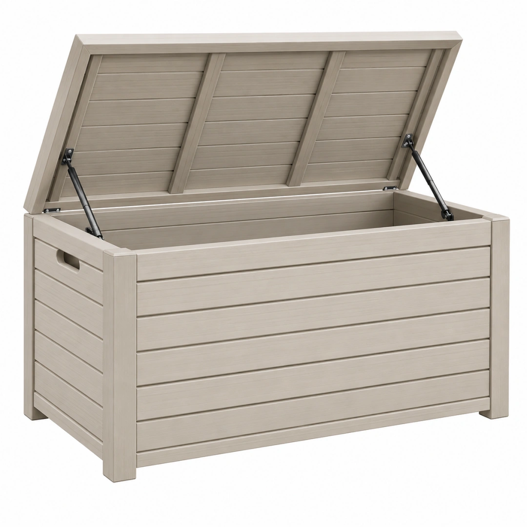 Baúl de almacenaje exterior 150 x 76 x 70 cm de plástico beige con tapa elevable