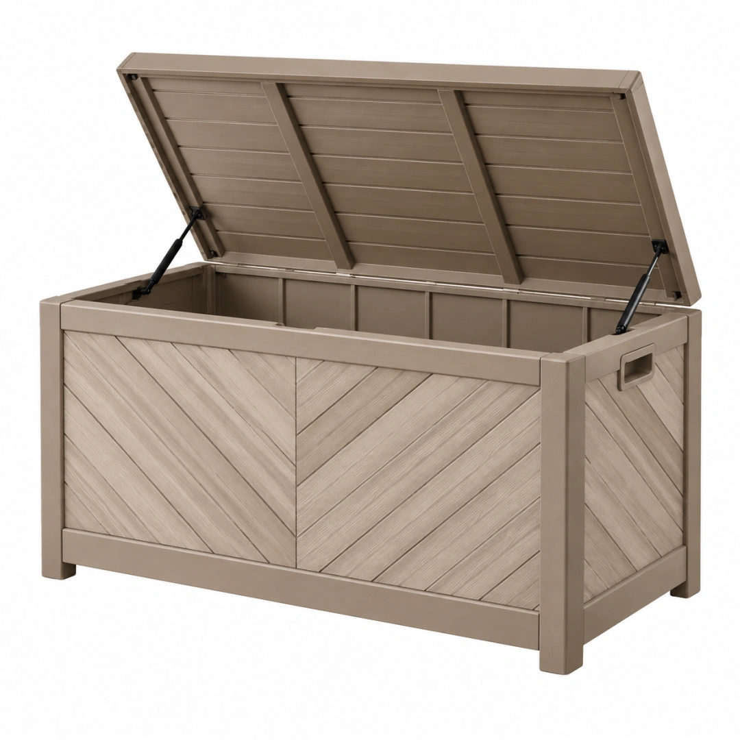 Arcón de almacenamiento 120 x 60 x 65 cm de resina beige para exterior con tapa elevable