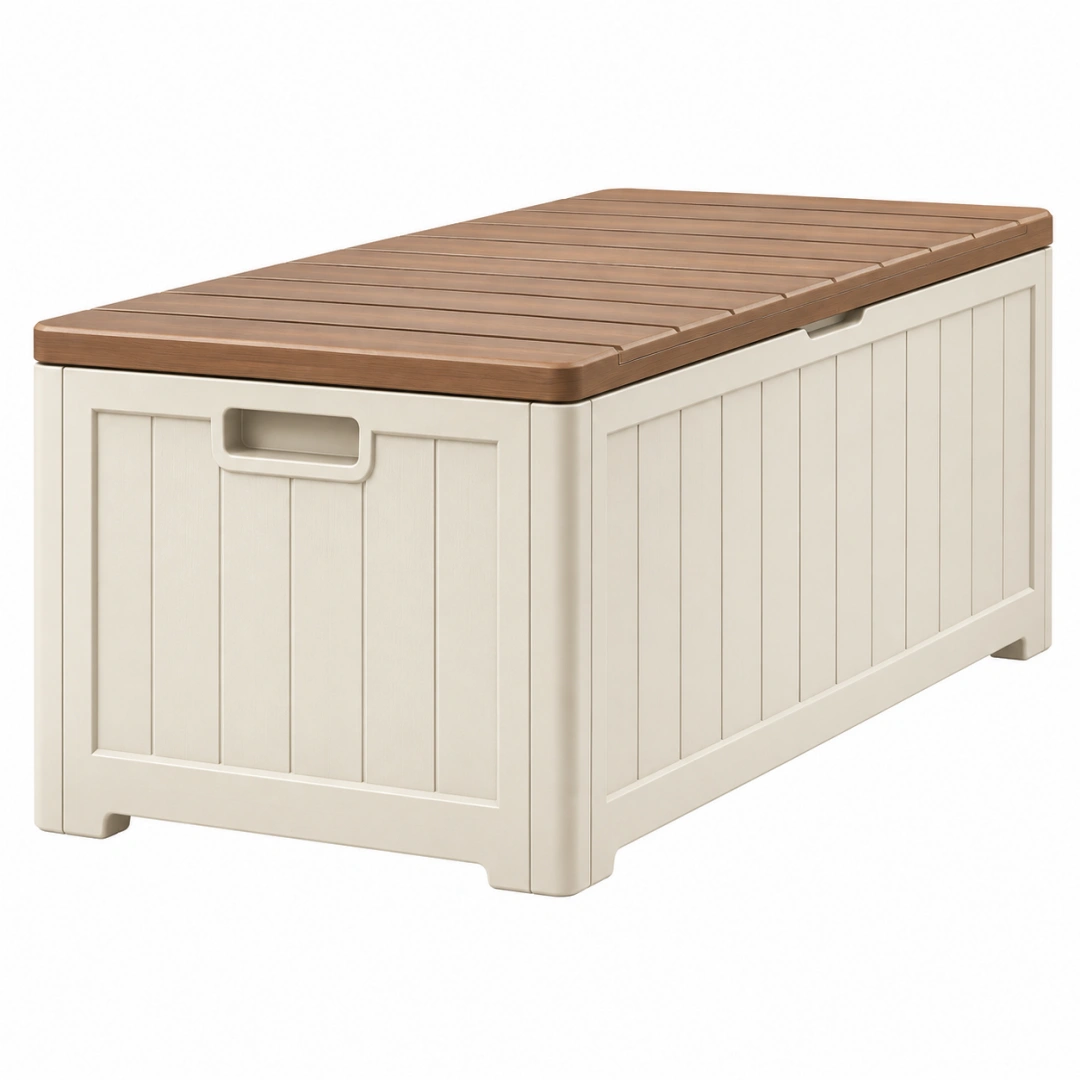 Arcón de almacenaje 120 x 60 x 63 cm de plástico beige y marrón con tapa efecto madera