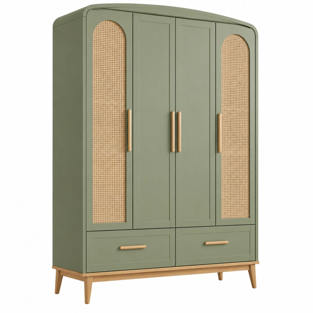 Armario 120 x 55 x 190 cm de madera verde con rejilla de ratán y 4 puertas