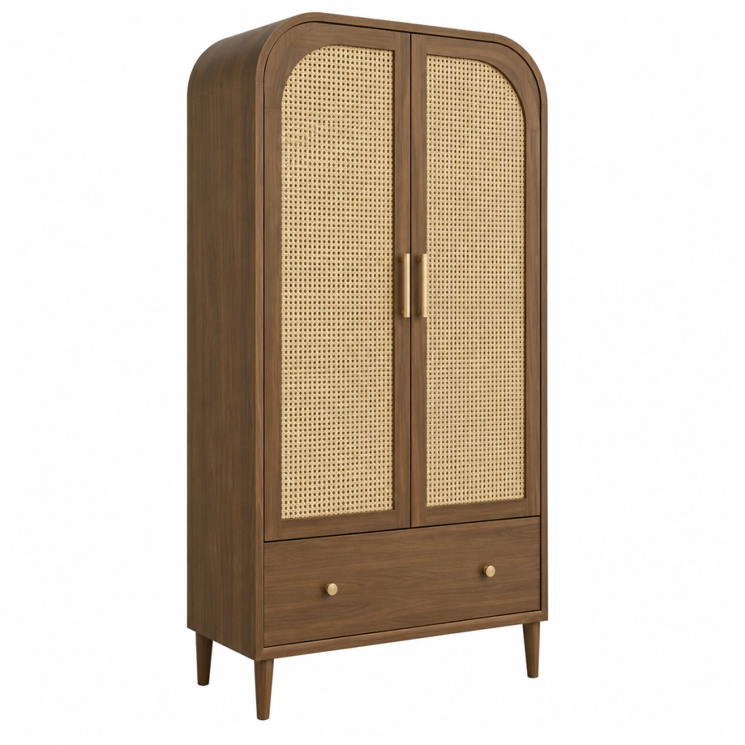 Armario de almacenamiento 90 x 45 x 180 cm de madera marrón con rejilla de ratán y cajón estilo retro