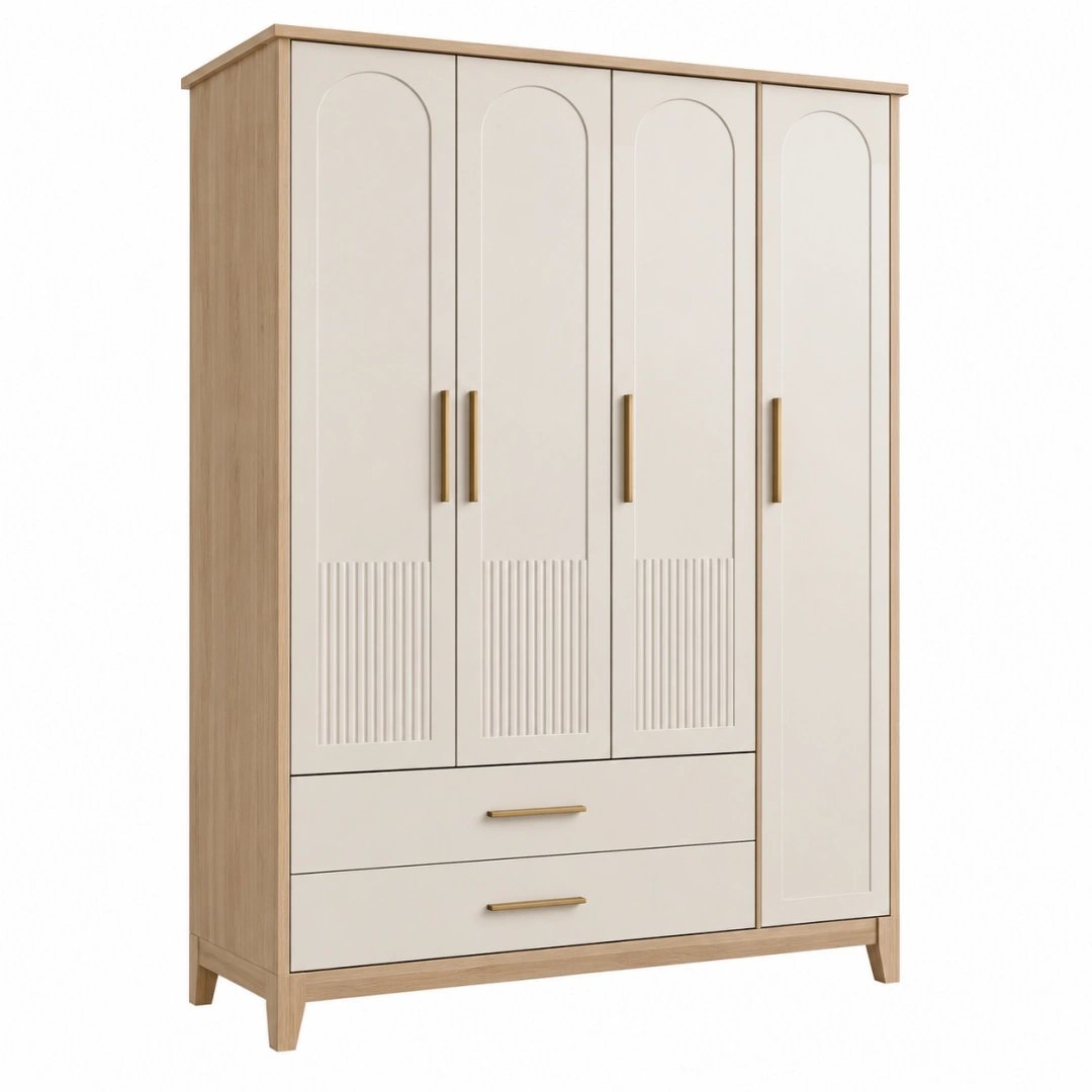 Armario ropero 160 x 52 x 200 cm de madera beige y natural con 4 puertas y 2 cajones