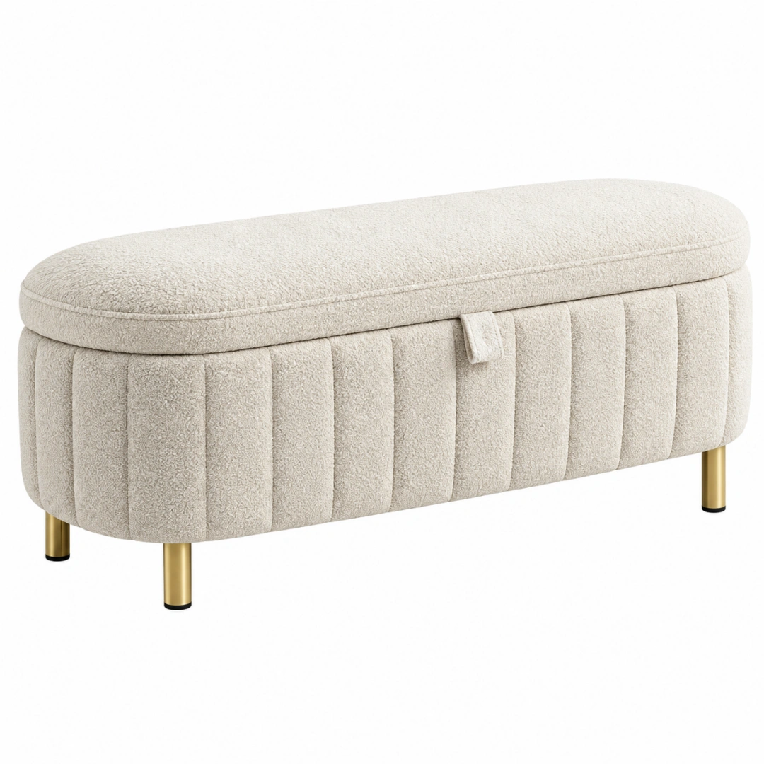 Banco baúl 100 x 40 x 45 cm de tela bouclé beige con almacenaje y patas metálicas