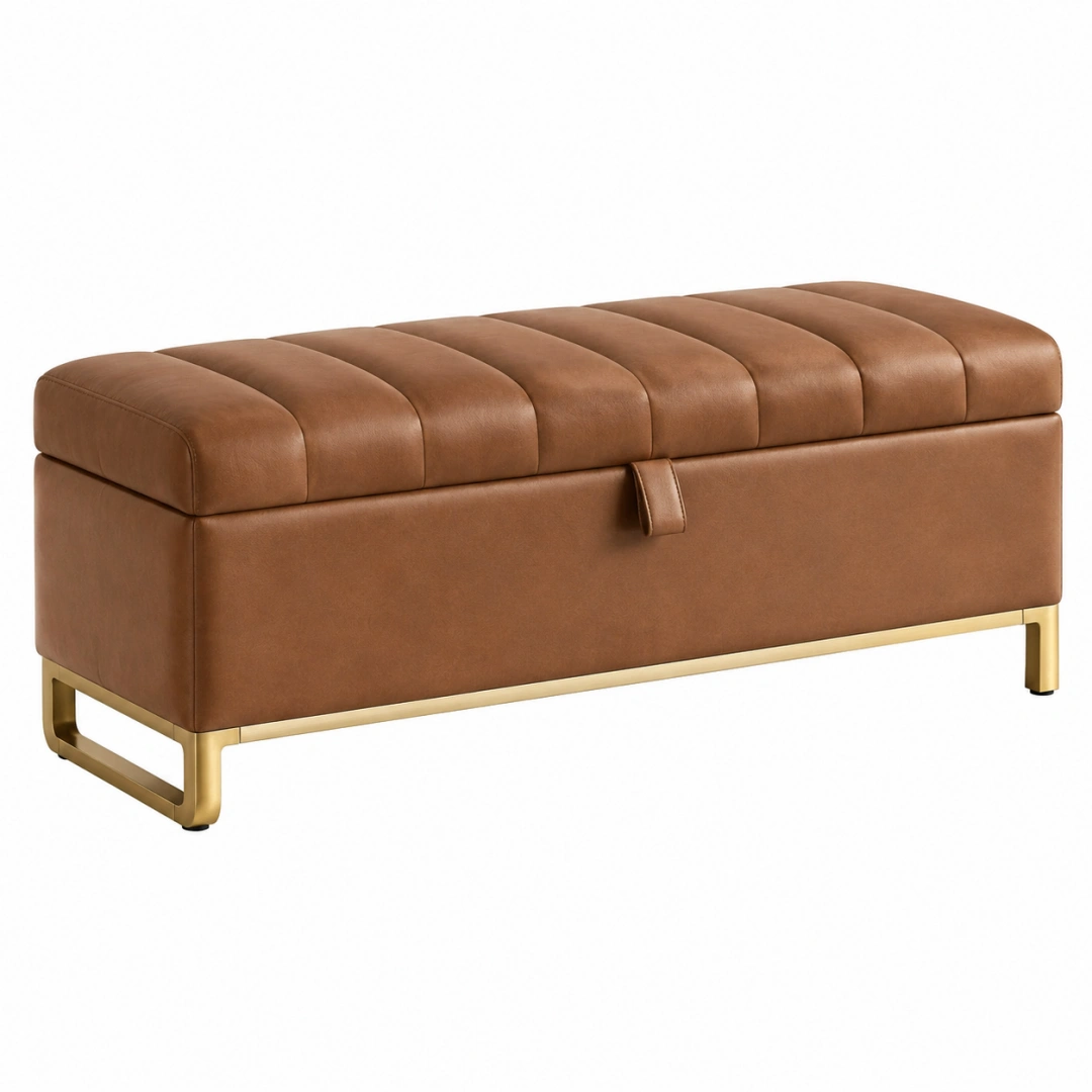 Baúl otomano 110 x 45 x 45 cm de piel sintética marrón con almacenaje y patas metálicas