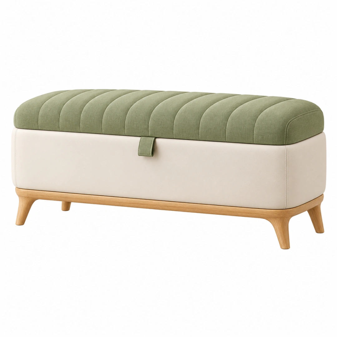 Banco baúl 120 x 45 x 50 cm tapizado verde y beige con patas de madera - almacenamiento para dormitorio