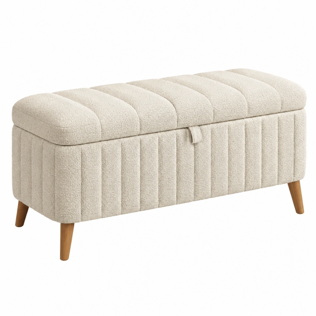 Banco de almacenaje 100 x 40 x 45 cm tapizado beige con patas de madera estilo moderno
