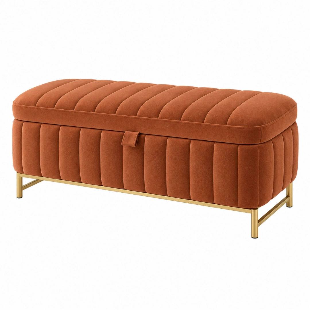 Banco baúl 120 x 45 x 48 cm de terciopelo terracota con patas metálicas doradas estilo moderno