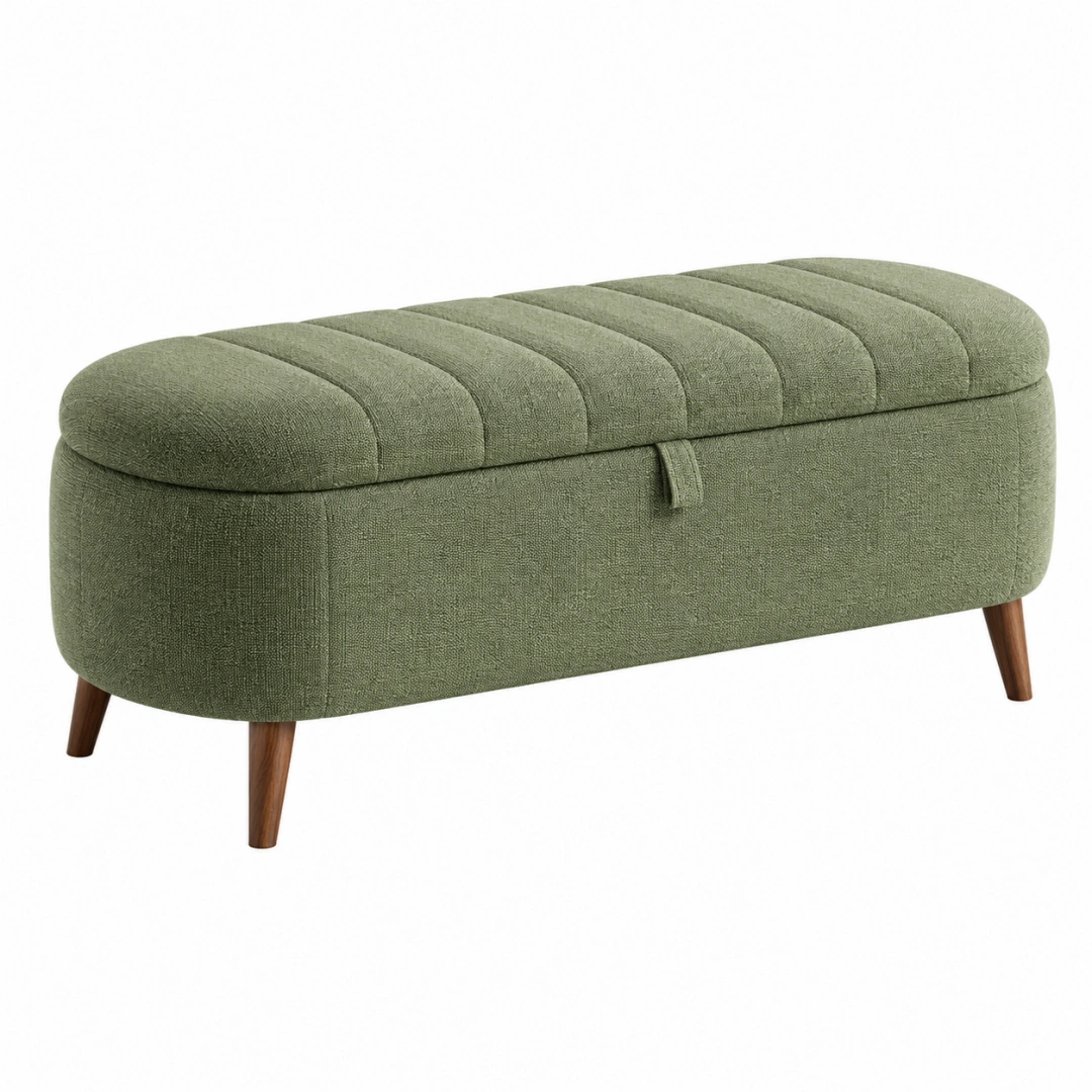 Banco con almacenaje 120 x 45 x 50 cm de tela verde con patas de madera