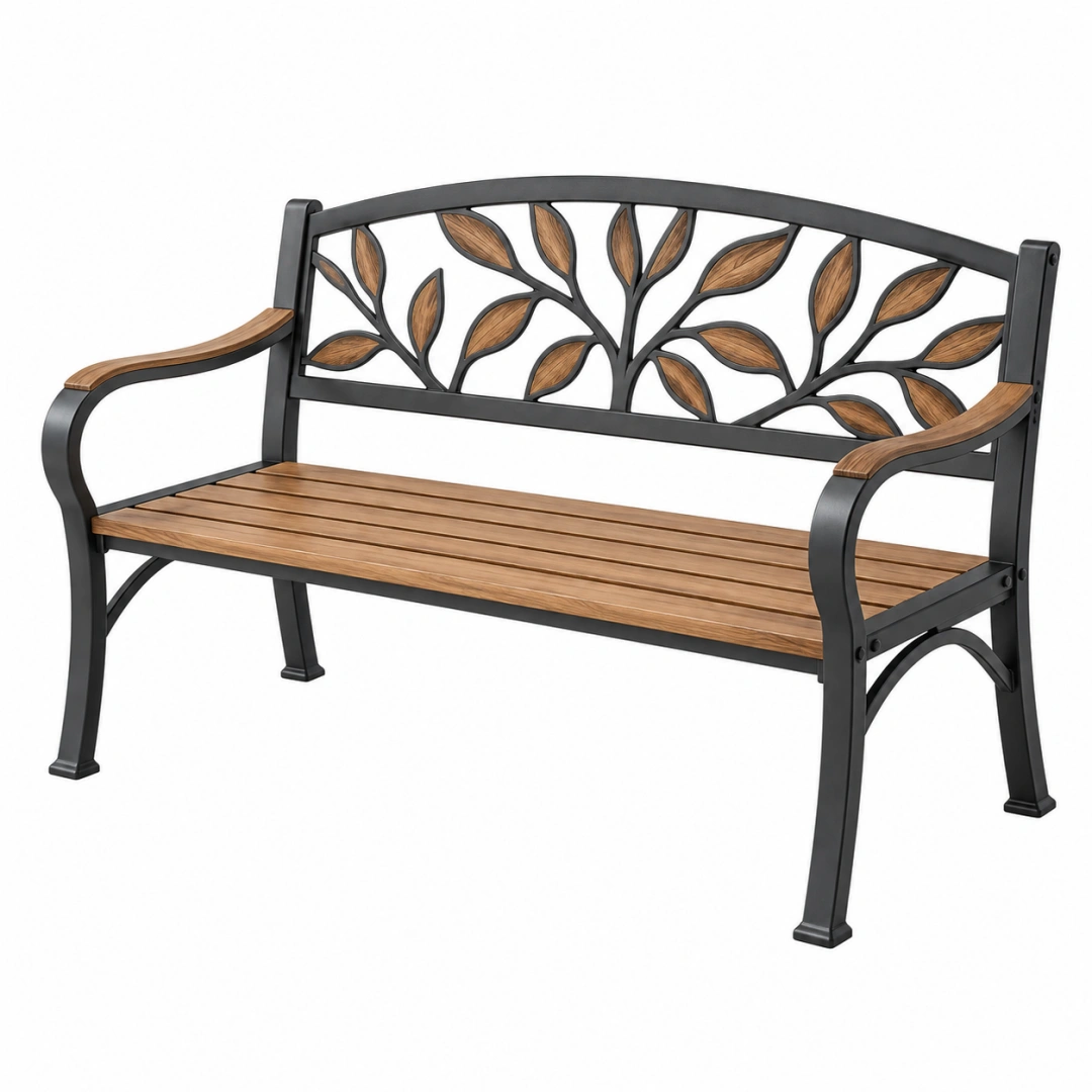 Banco de jardín 122 cm de metal y madera marrón negro con respaldo decorativo