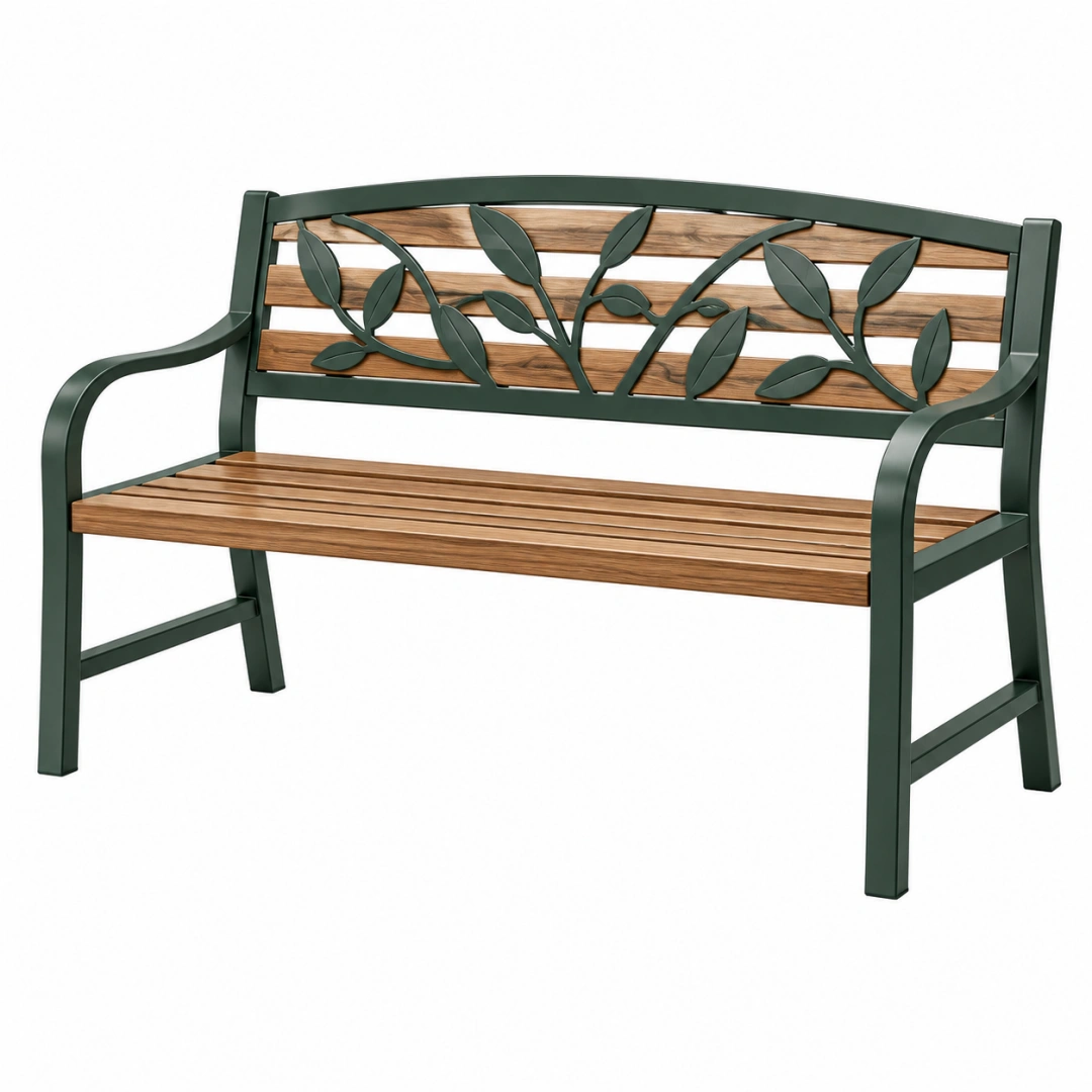Banco de jardín 120 x 65 x 85 cm de metal y madera marrón verde con respaldo de hojas