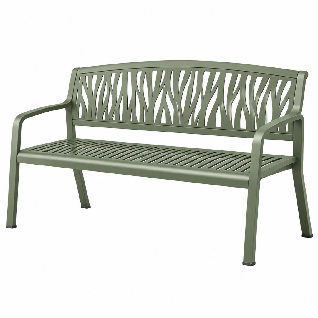 Banco de jardín 122 x 61 x 88 cm de metal verde con respaldo decorativo para exterior