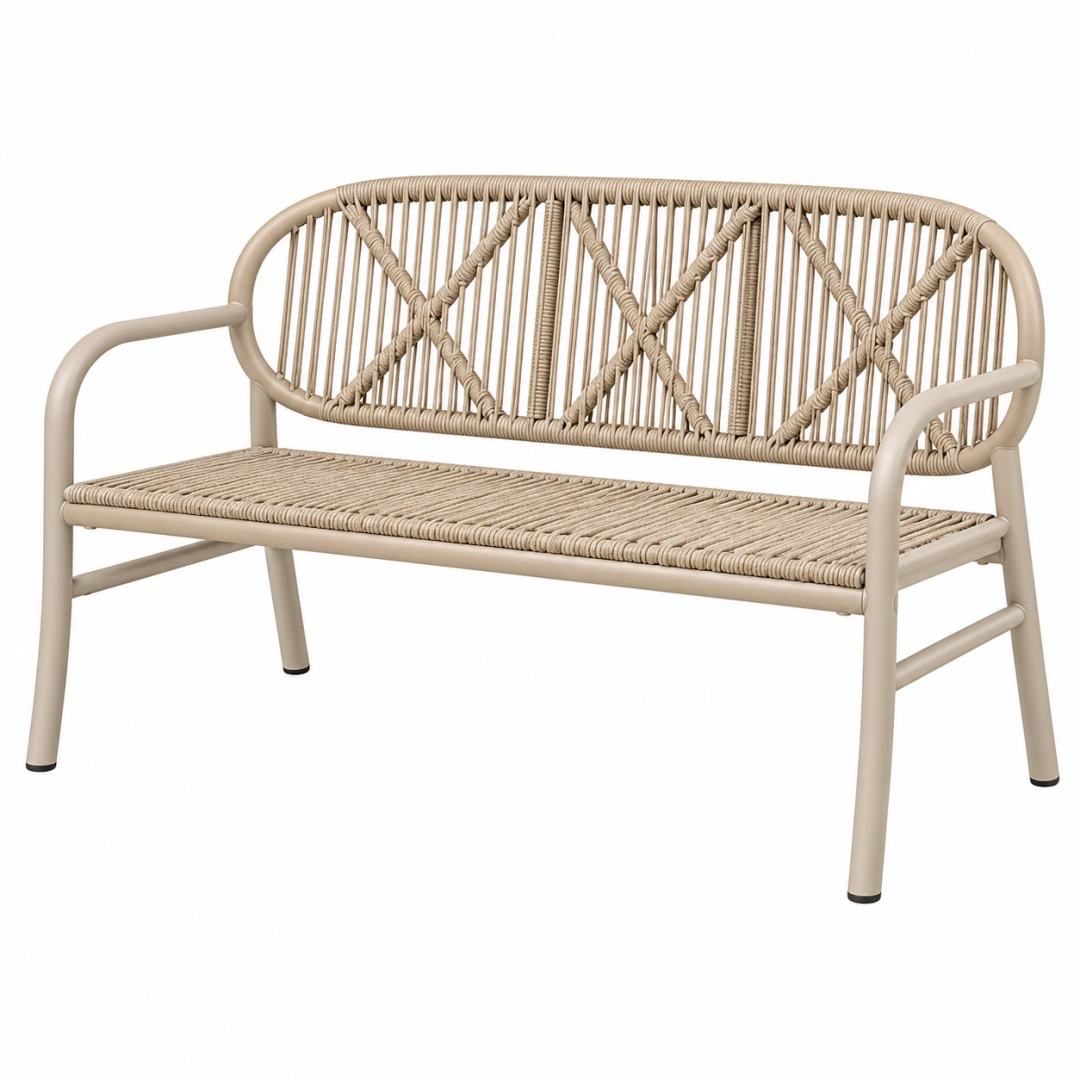 Banco de exterior 120 x 60 x 85 cm de metal y cuerda sintética beige con respaldo